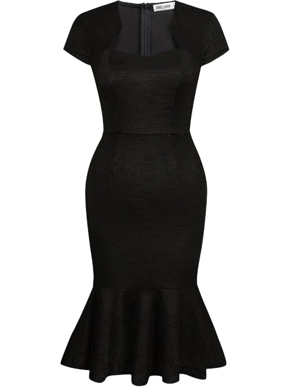 Women's Black Cotton Blend Stretch Fabric Knee-Length Cap Sleeves Midi Bodycon